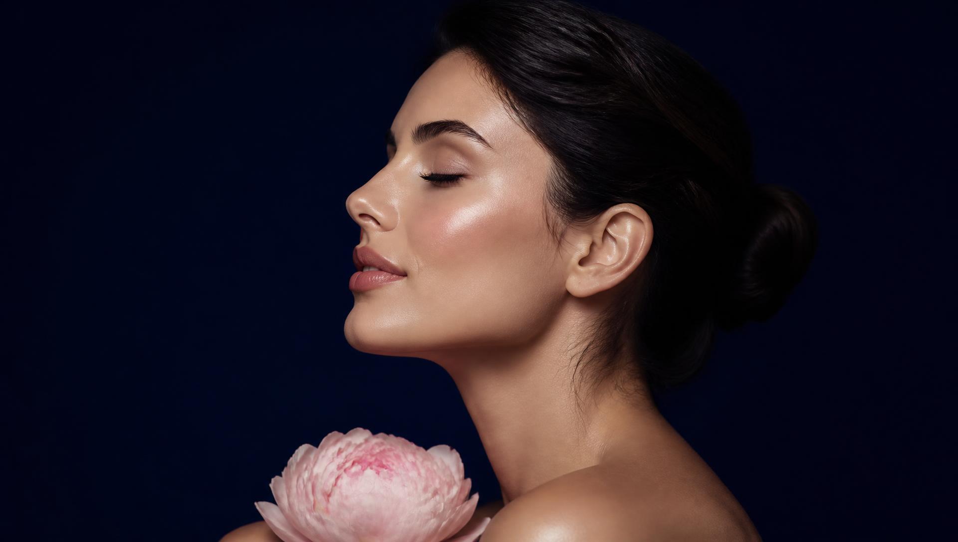 Editorial portrait of a woman with radiant skin against a soft ivory backdrop